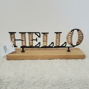 𝅺NWT Sonoma "Hello" Rattan Pine Wood Black Steel Table Home Decor
